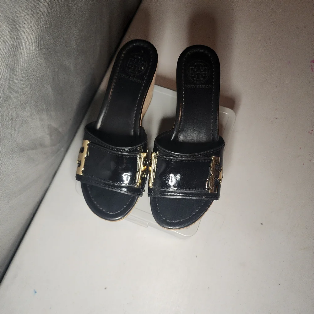 Tory Burch Black and Gold Wedge Sandals - Picture 6 of 6
